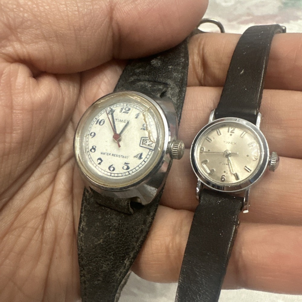 Both Working VTG Lot Of 2‎ Timex Women Date Silver Tone Mechanical Wind Watches